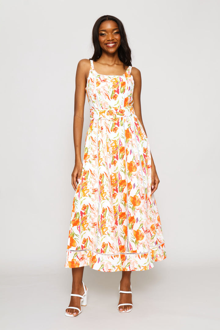 Corset Bodice Panelled Ladder Lace Midi Dress - Orange