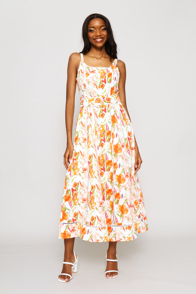 Corset Bodice Panelled Ladder Lace Midi Dress - Orange