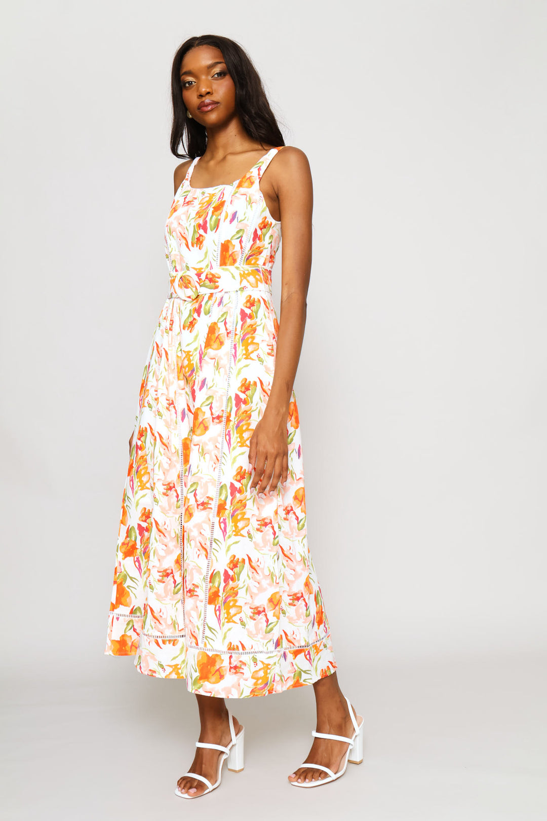 Corset Bodice Panelled Ladder Lace Midi Dress - Orange