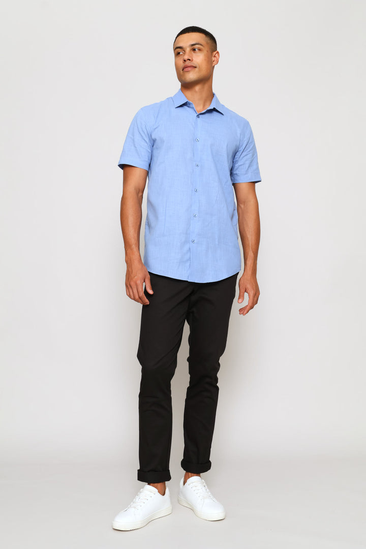 Short Sleeve Linen Look Shirt - Blue
