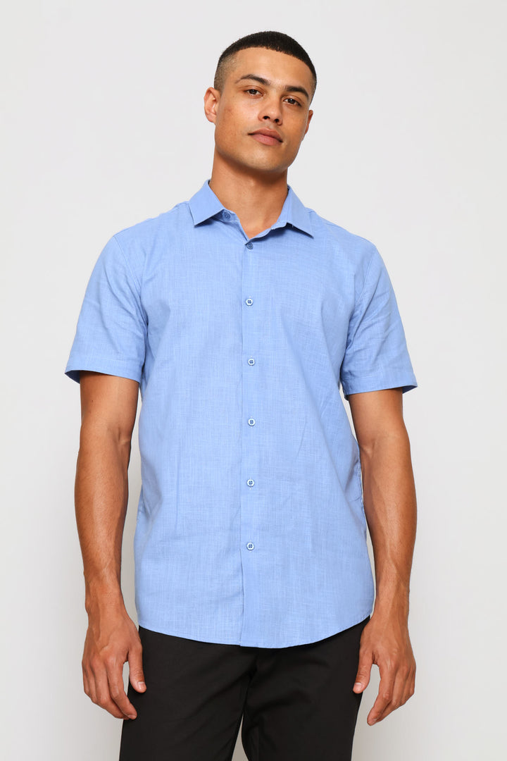 Short Sleeve Linen Look Shirt - Blue