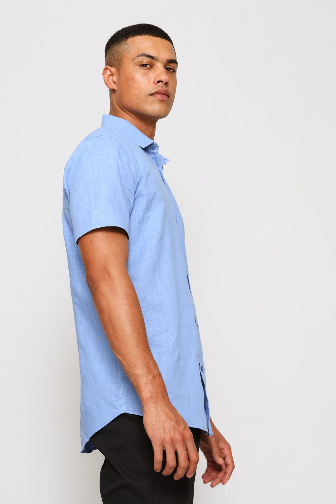 Short Sleeve Linen Look Shirt - Blue