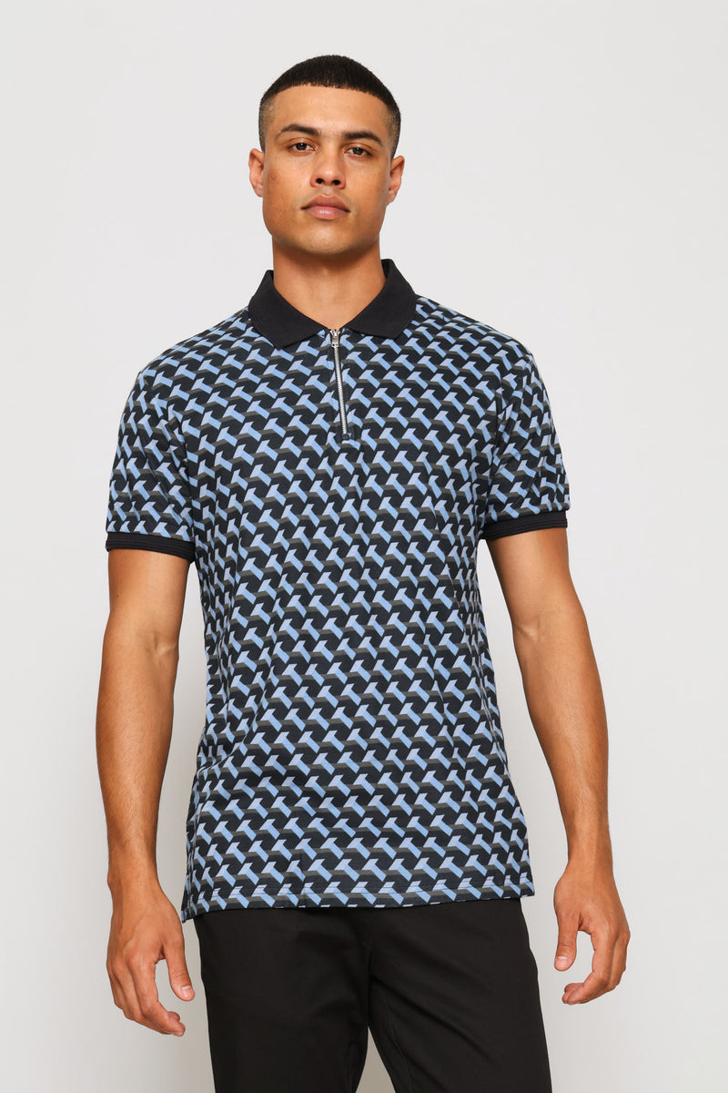 Geometric Printed Quarter Zip - Navy