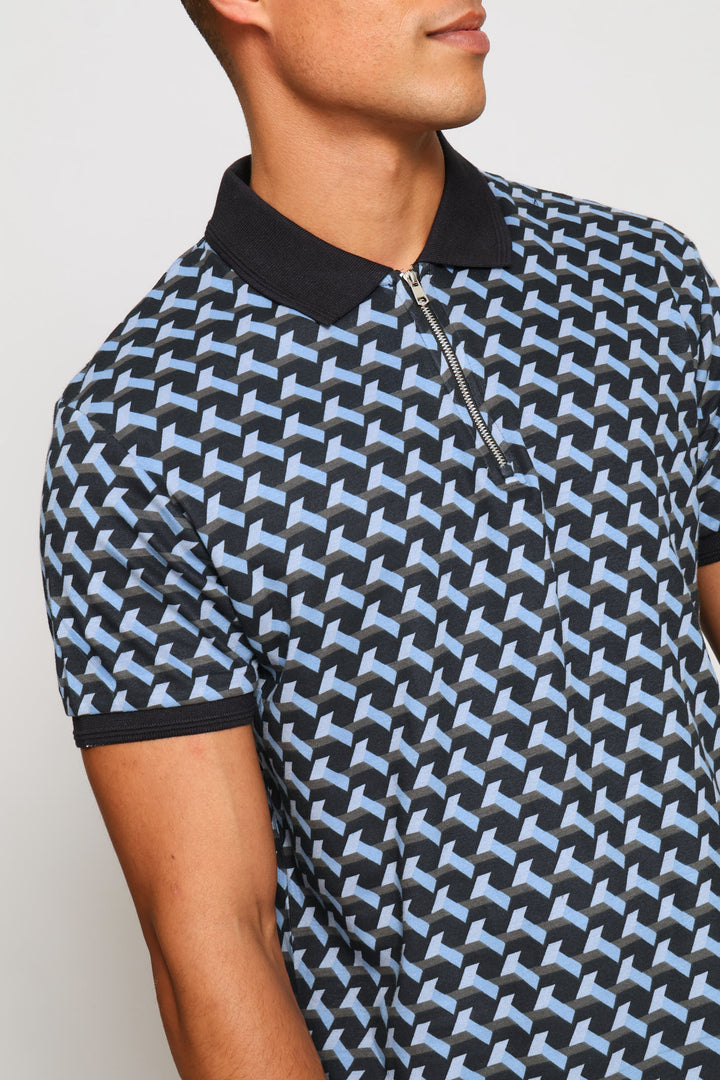 Geometric Printed Quarter Zip - Navy