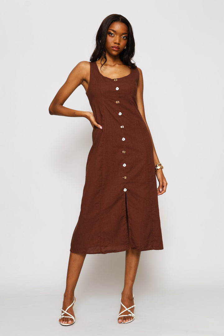 Square Neck Button Detail Panelled Fit & Flare Midaxi Dress - Dark Chocolate