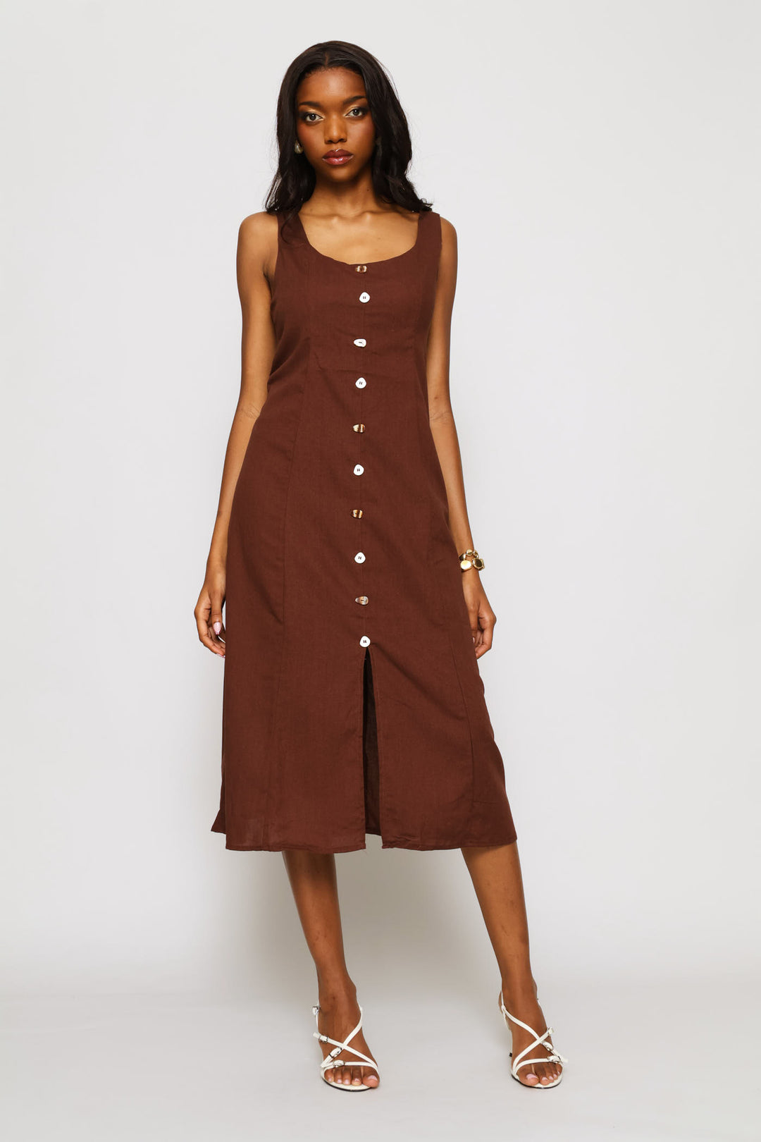 Square Neck Button Detail Panelled Fit & Flare Midaxi Dress - Dark Chocolate