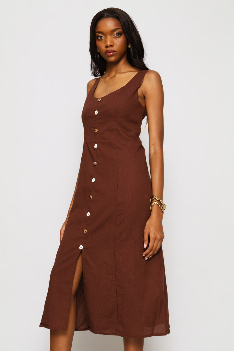 Square Neck Button Detail Panelled Fit & Flare Midaxi Dress - Dark Chocolate