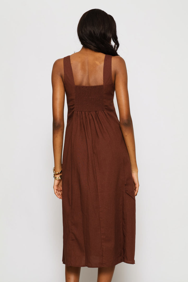 Square Neck Button Detail Panelled Fit & Flare Midaxi Dress - Dark Chocolate