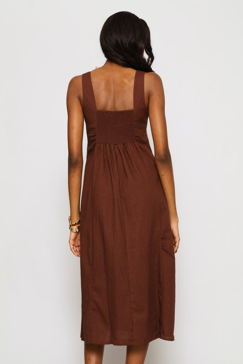Square Neck Button Detail Panelled Fit & Flare Midaxi Dress - Dark Chocolate