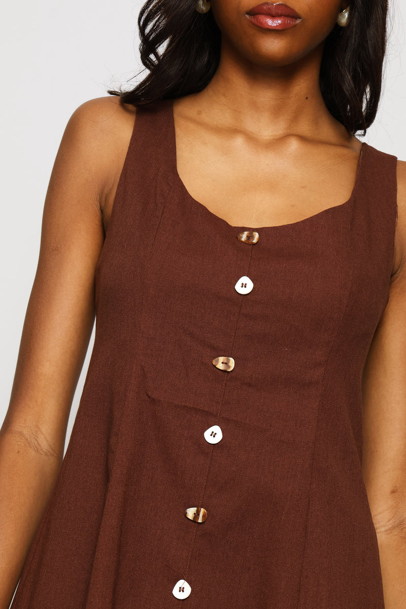 Square Neck Button Detail Panelled Fit & Flare Midaxi Dress - Dark Chocolate