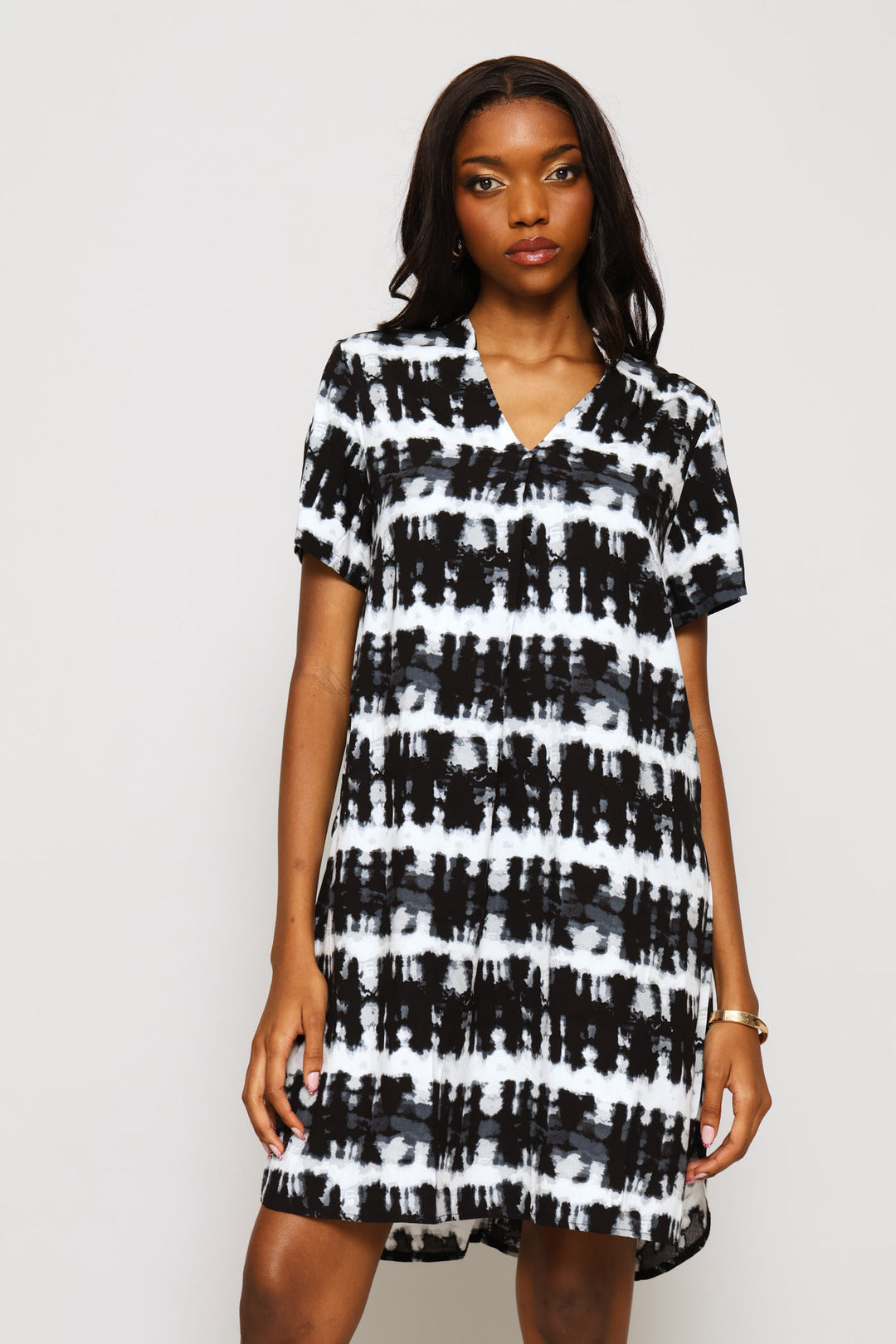 Mandarin Leaf Print Shift Dress - Black/White