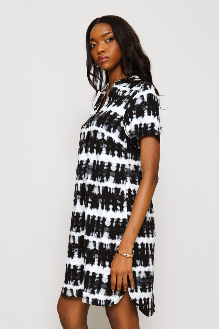 Mandarin Leaf Print Shift Dress - Black/White