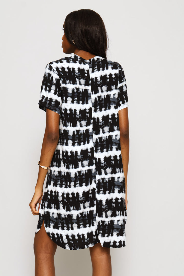 Mandarin Leaf Print Shift Dress - Black/White