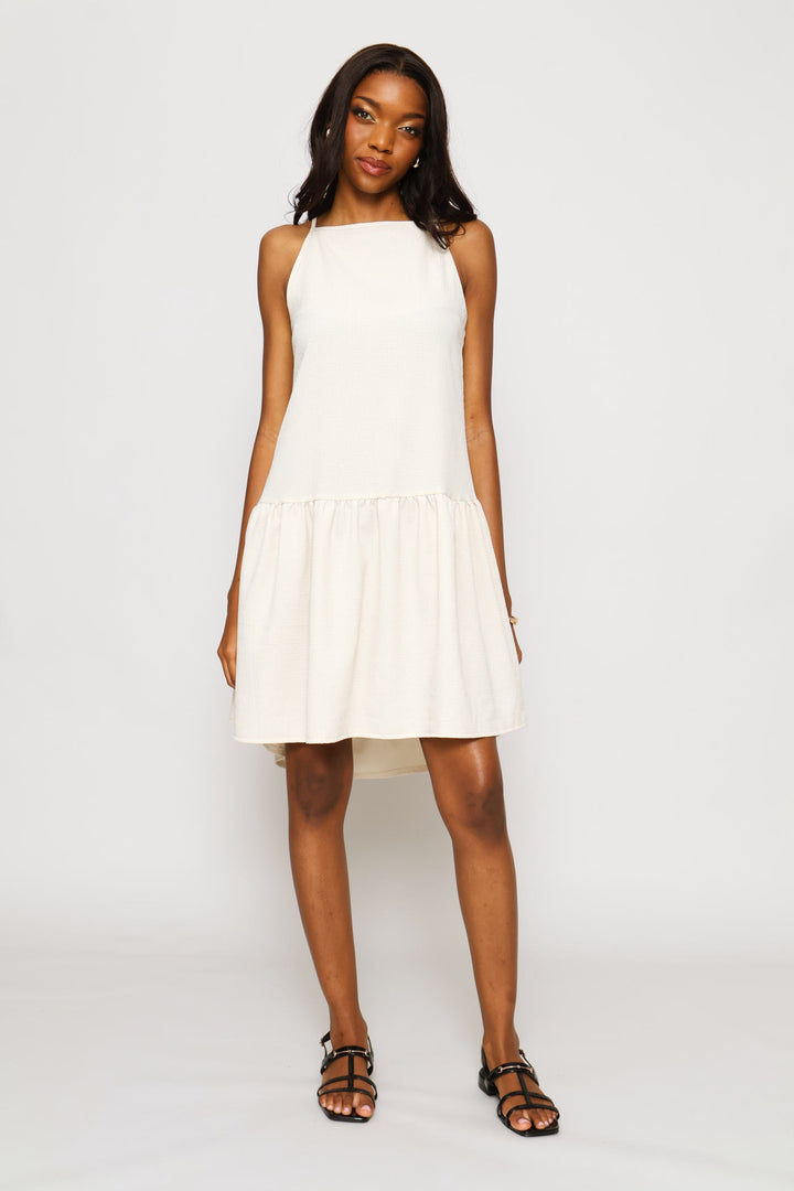 Hi-Neck Drop Waist Mini Dress - Sandstone