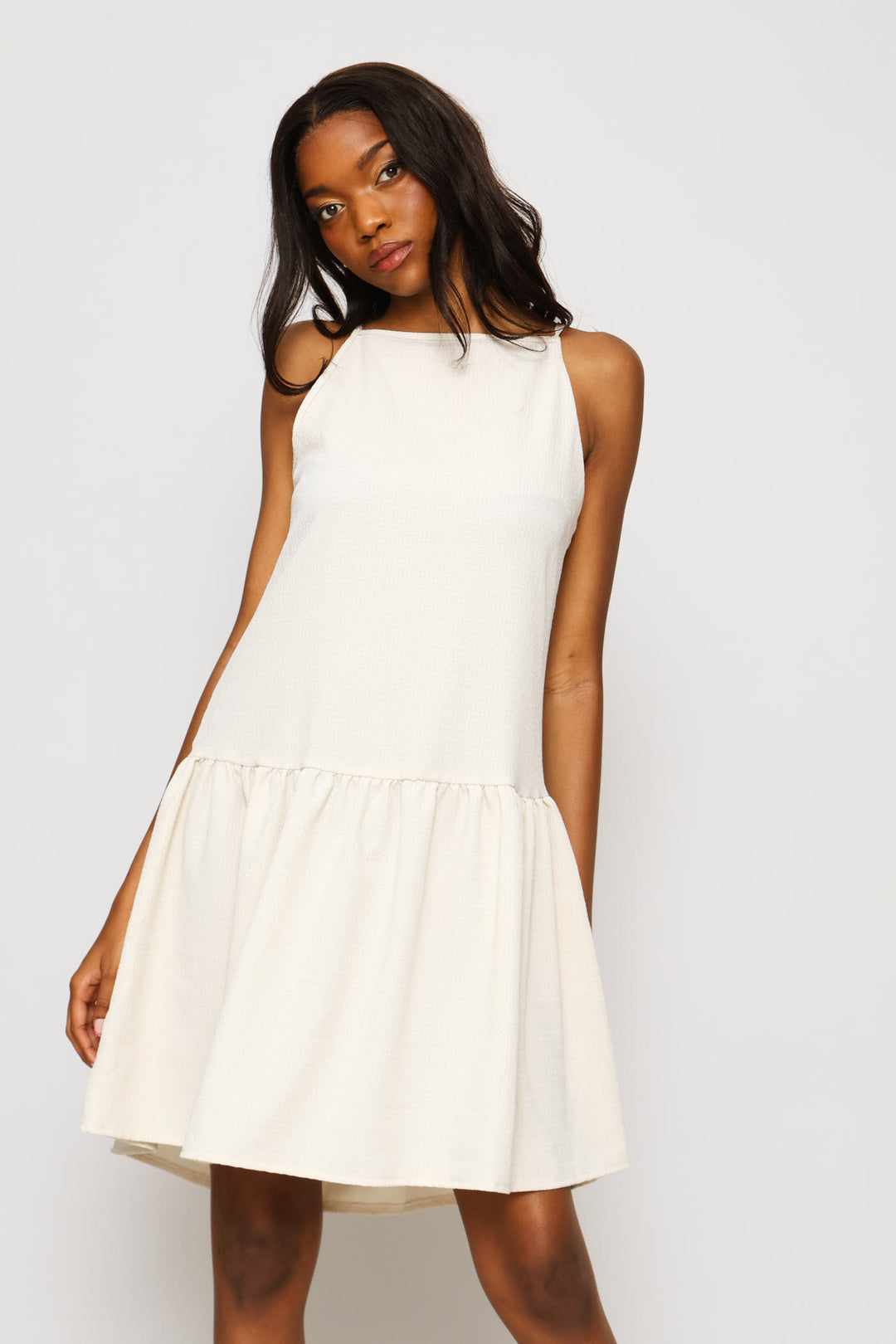 Hi-Neck Drop Waist Mini Dress - Sandstone