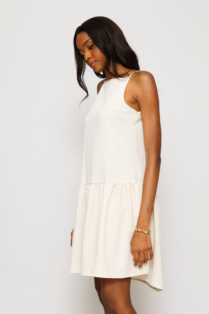 Hi-Neck Drop Waist Mini Dress - Sandstone