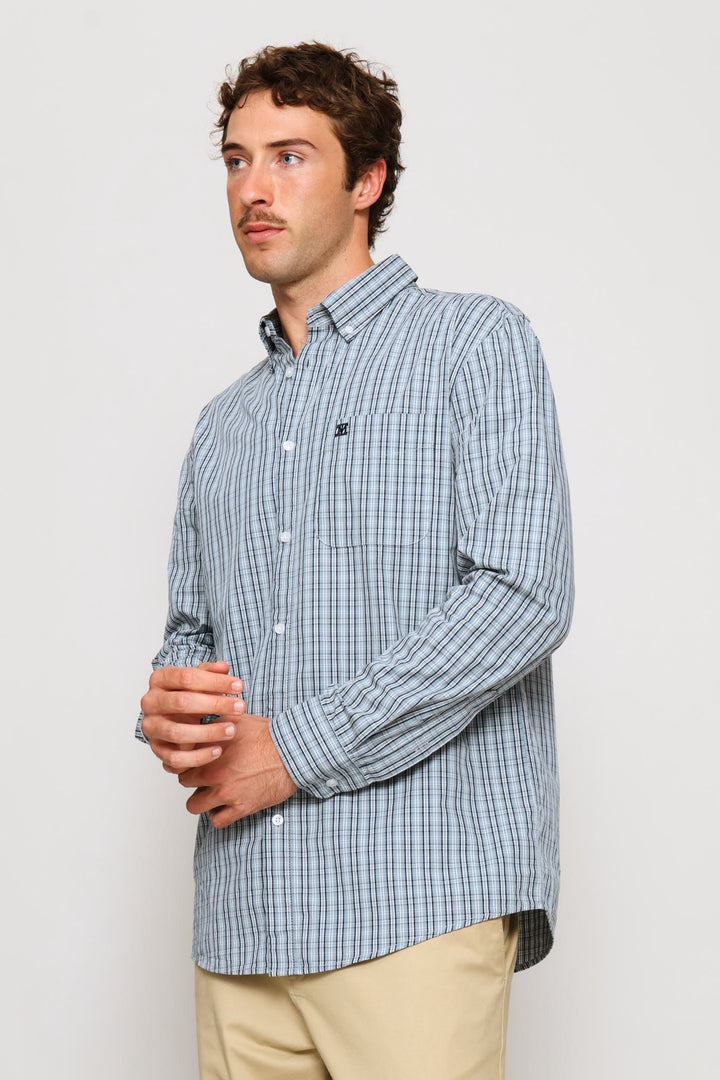 Fine Weave Washed Cotton Check Shirt - Blue