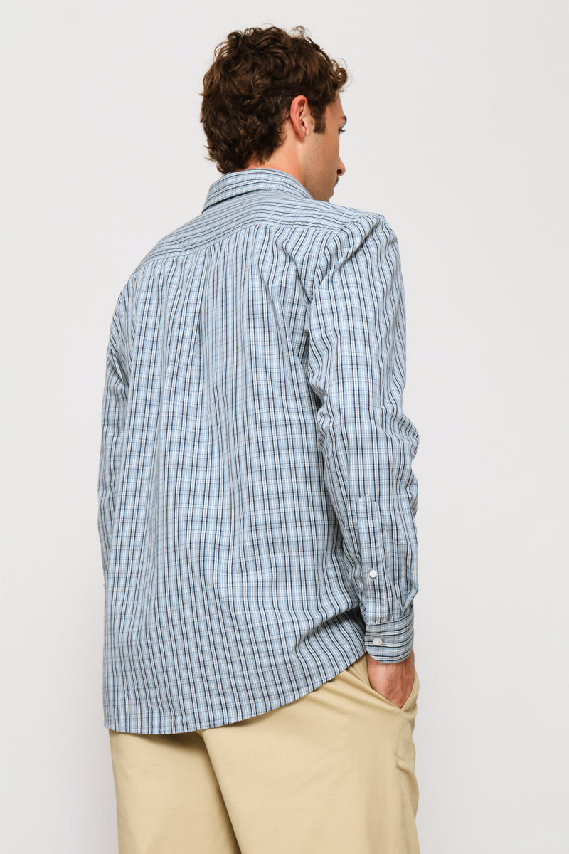 Fine Weave Washed Cotton Check Shirt - Blue