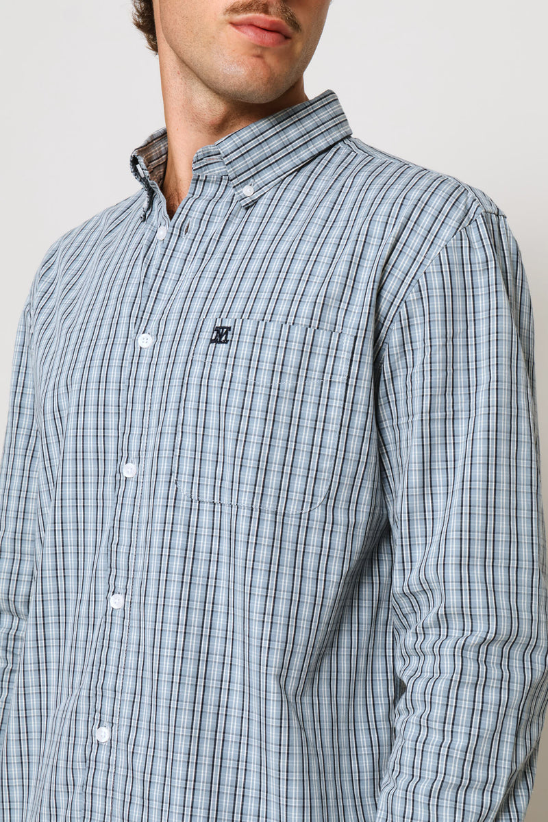 Fine Weave Washed Cotton Check Shirt - Blue