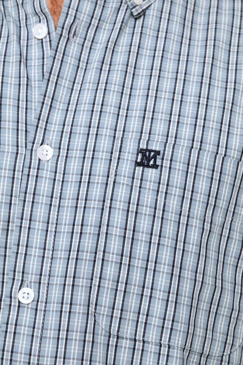 Fine Weave Washed Cotton Check Shirt - Blue