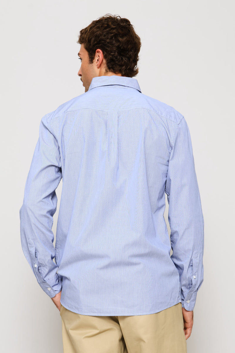 Fine Weave Washed Cotton Stripe Shirt - Blue