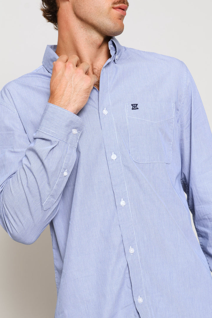 Fine Weave Washed Cotton Stripe Shirt - Blue