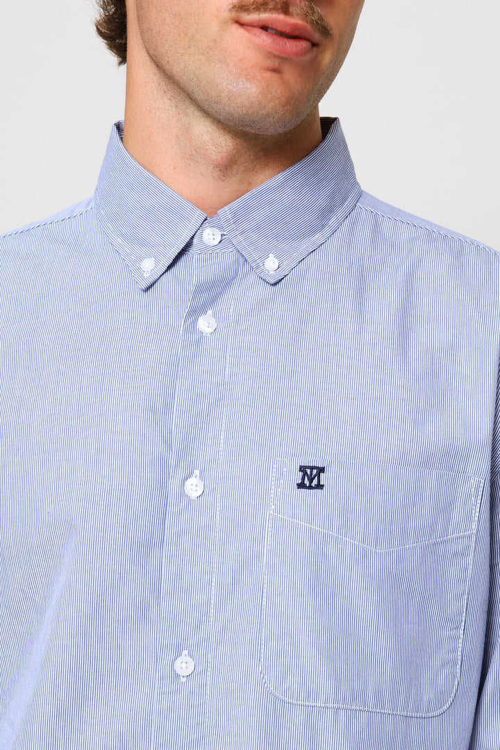 Fine Weave Washed Cotton Stripe Shirt - Blue