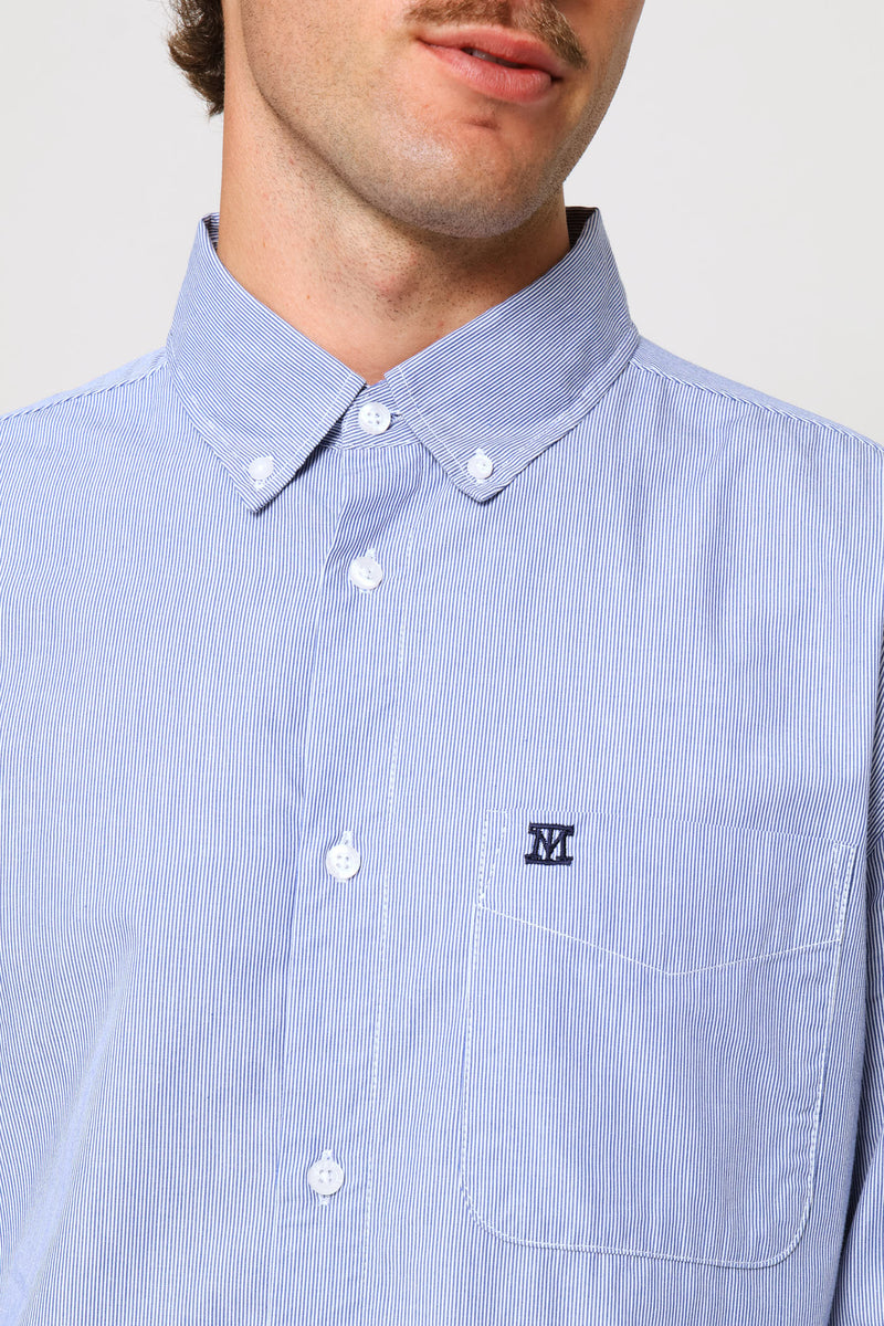 Fine Weave Washed Cotton Stripe Shirt - Blue
