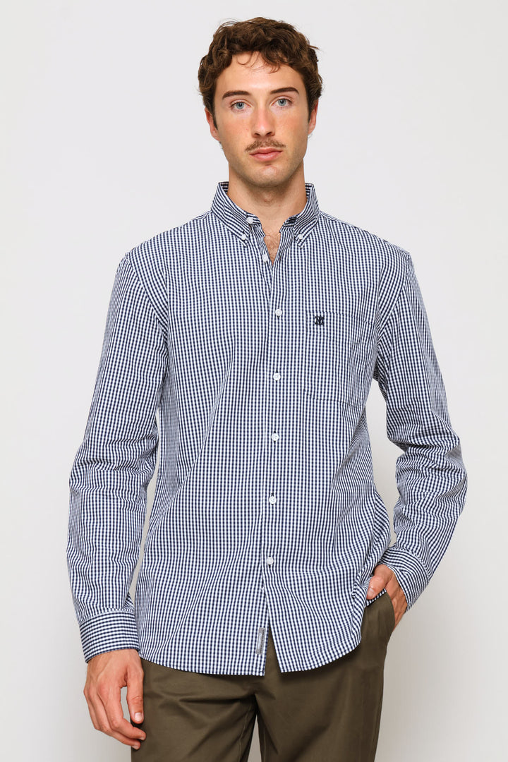 Fine Weave Washed Cotton Check Shirt - Navy
