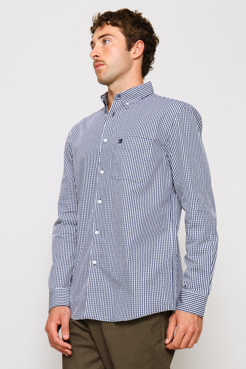 Fine Weave Washed Cotton Check Shirt - Navy