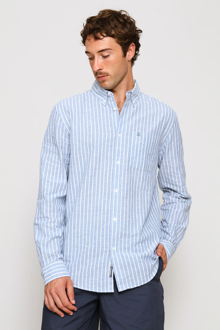 Long Sleeve Stripe Linen Shirt - Blue