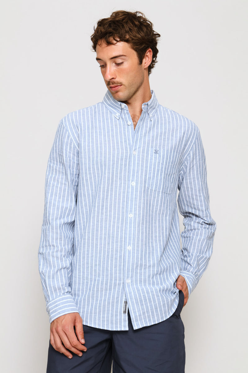 Long Sleeve Stripe Linen Shirt - Blue