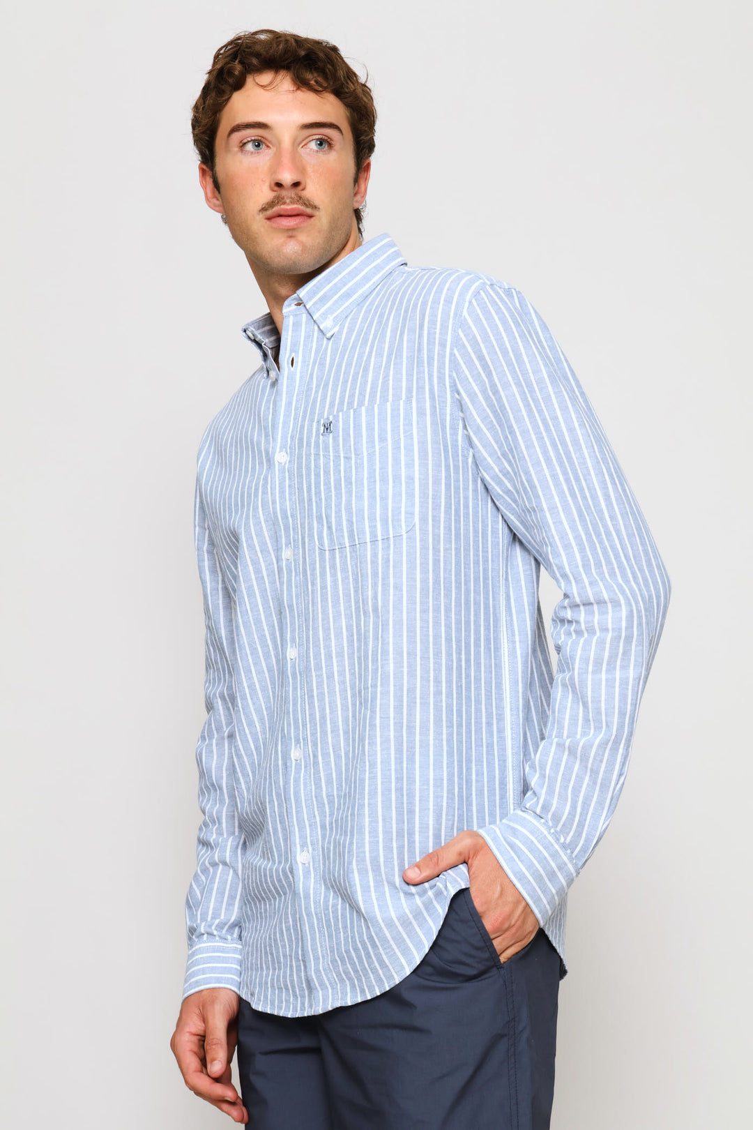 Long Sleeve Stripe Linen Shirt - Blue