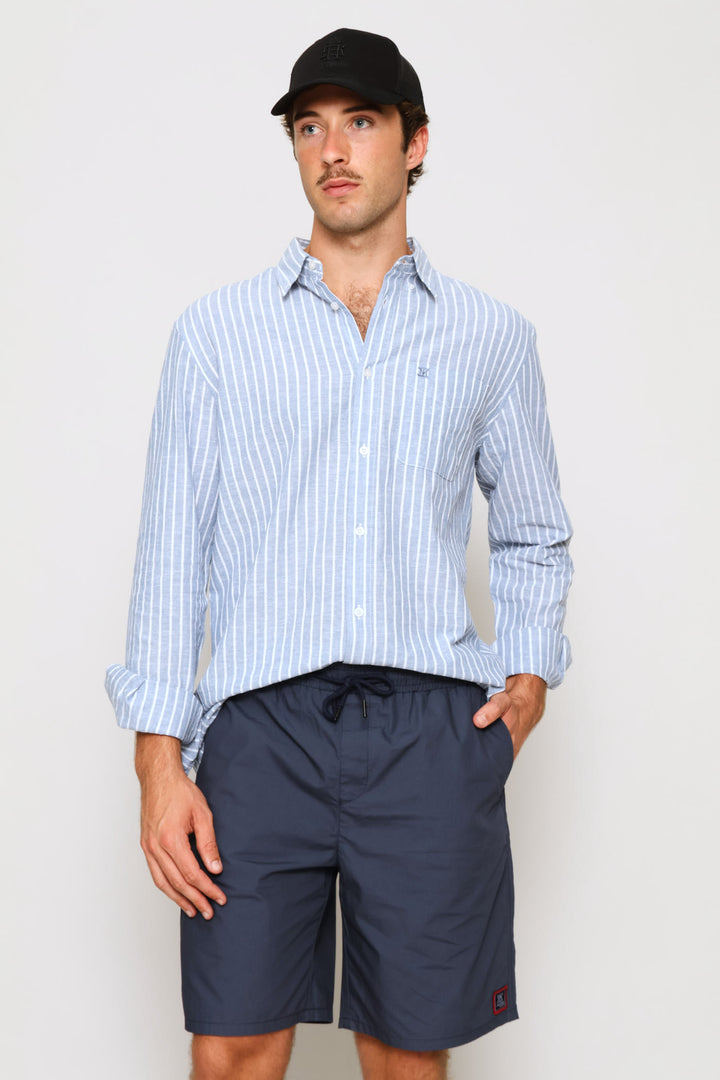 Long Sleeve Stripe Linen Shirt - Blue