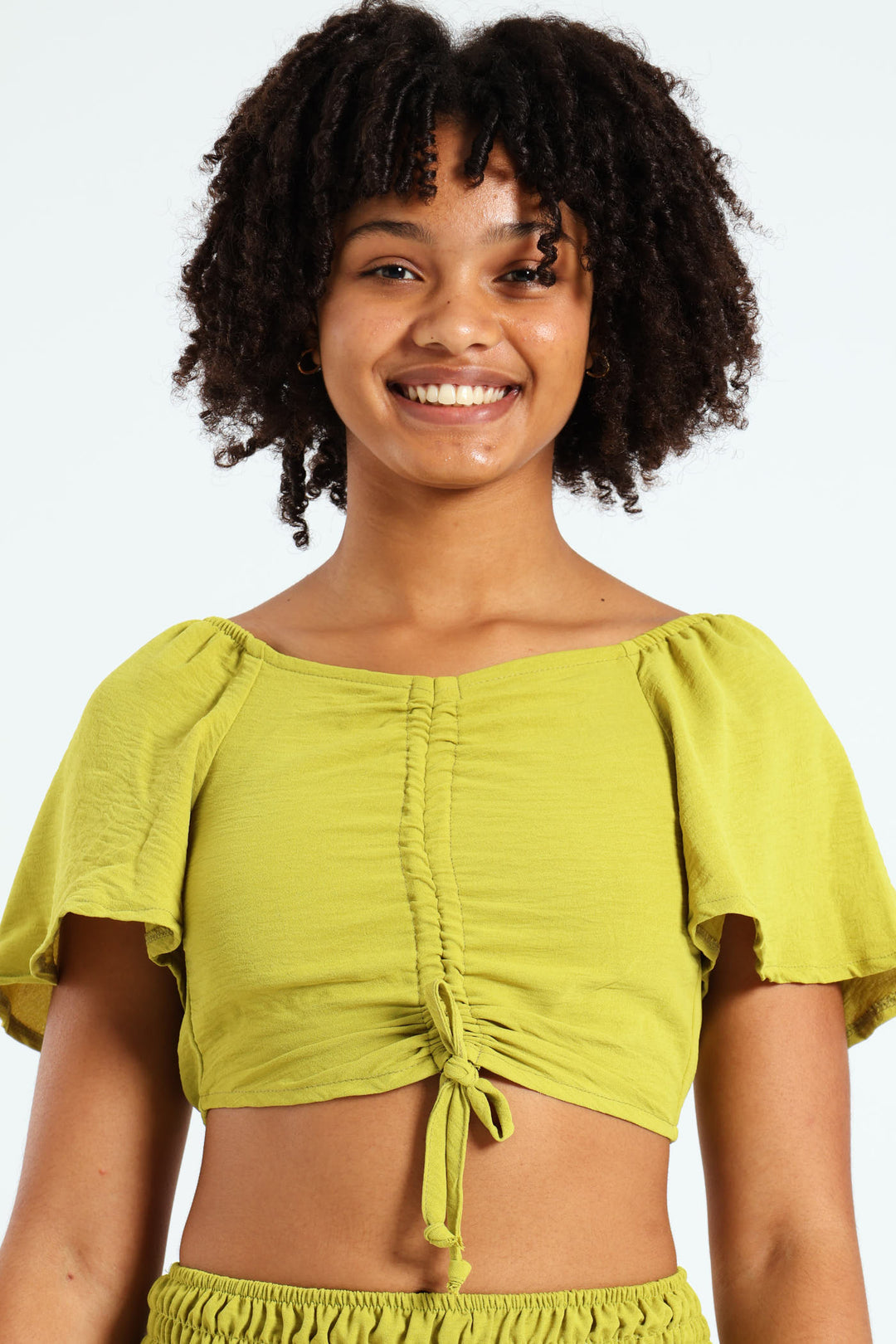 Girls Tie Front Linen Top - Lime