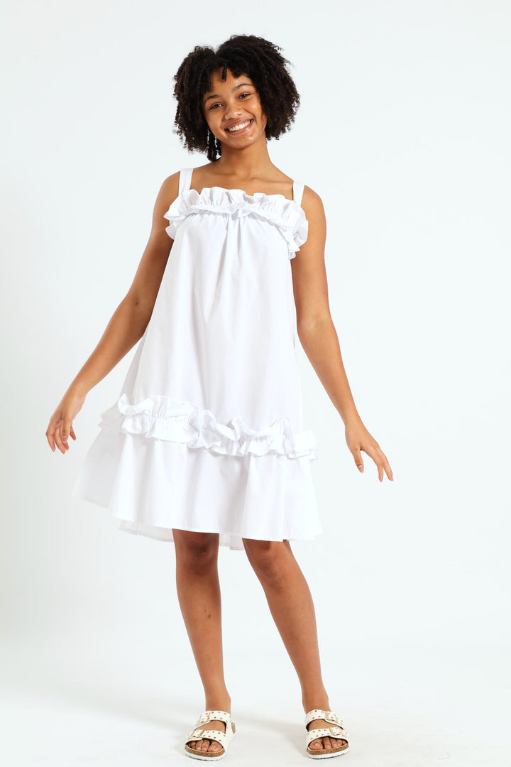 Girls Drop Tier Frilly Dress - White