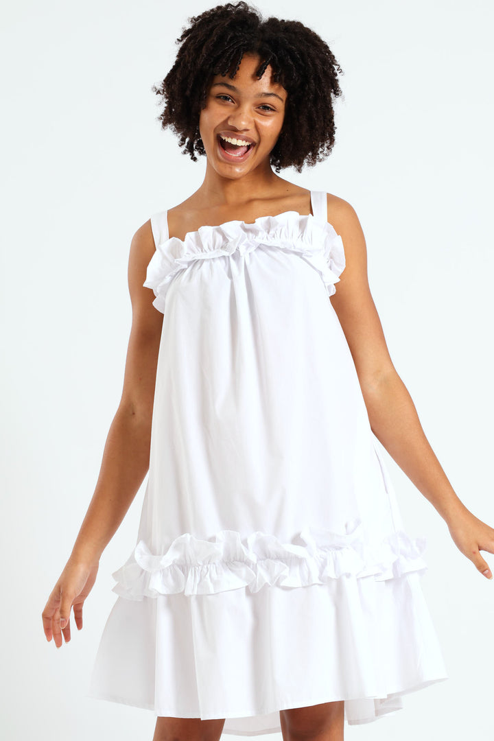 Girls Drop Tier Frilly Dress - White