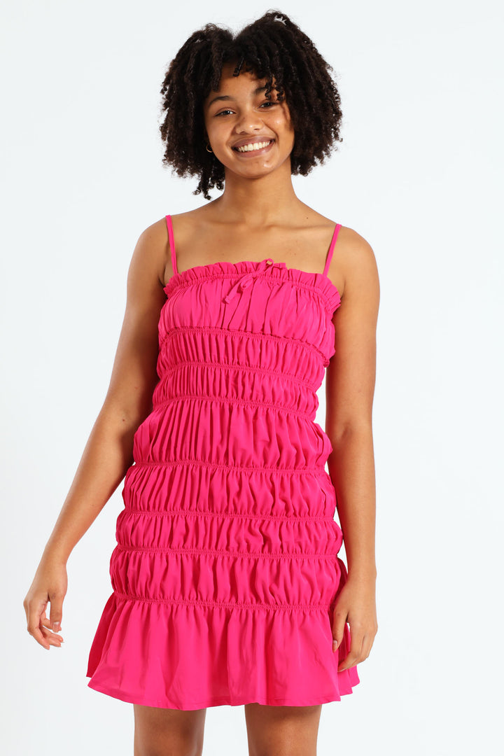 Girls Shirring Strappy Dress - Cerise