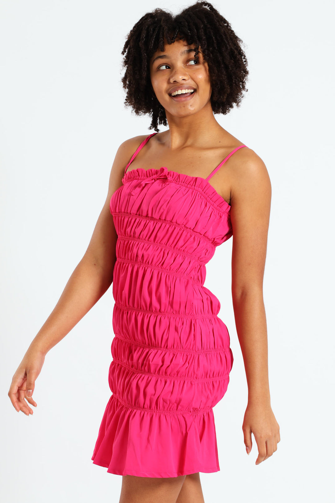 Girls Shirring Strappy Dress - Cerise