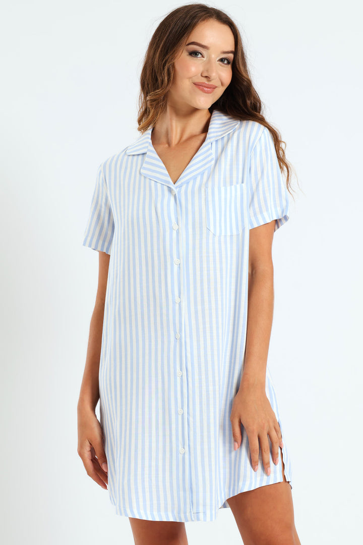 Woven Button Through Linen-Look Stripe Sleep Shirt - White/Blue
