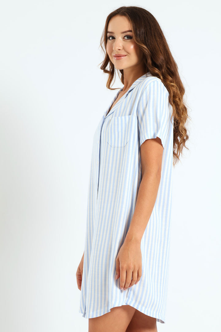 Woven Button Through Linen-Look Stripe Sleep Shirt - White/Blue