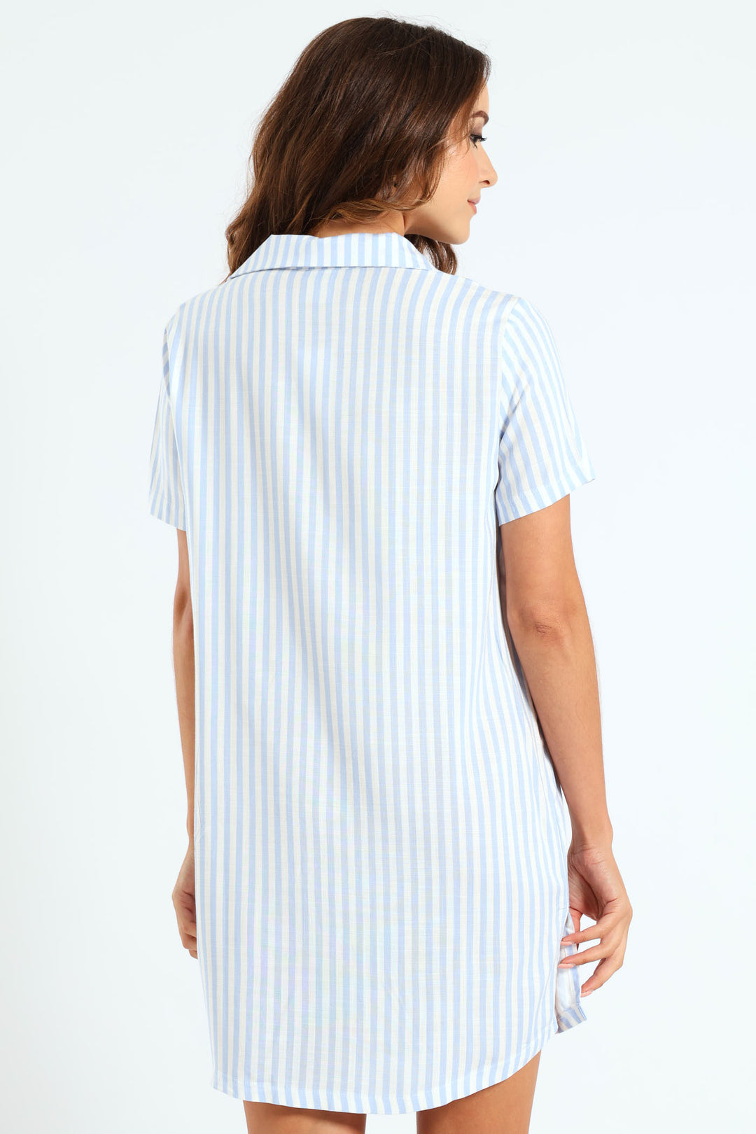 Woven Button Through Linen-Look Stripe Sleep Shirt - White/Blue