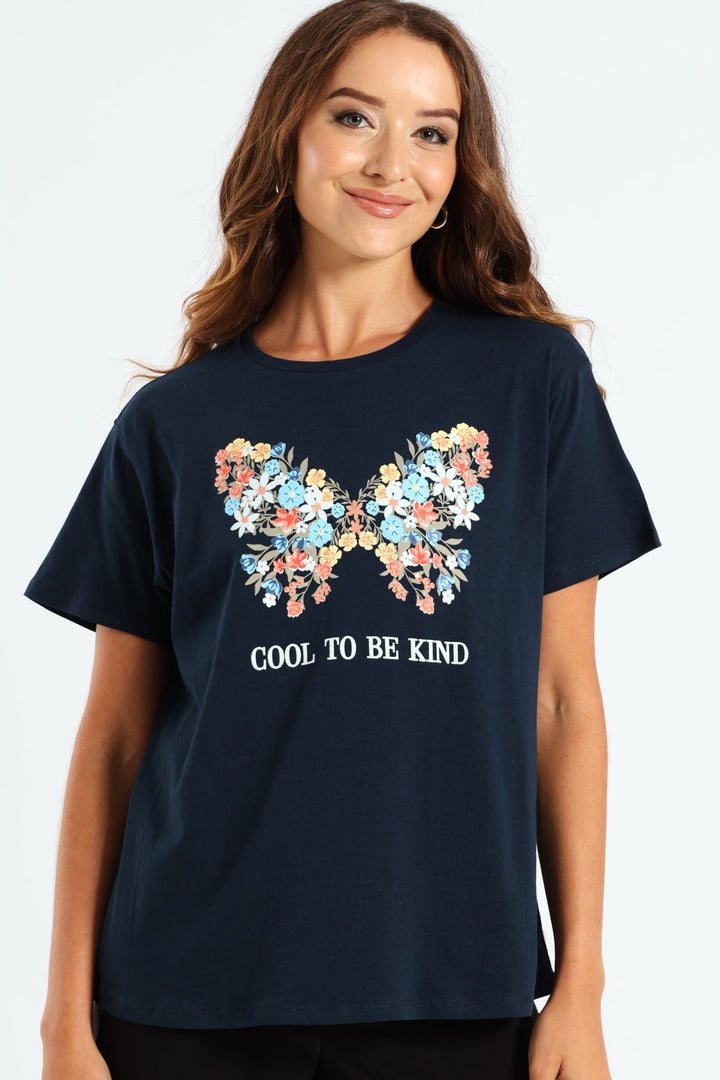 Butterfly Floral Tee - Navy