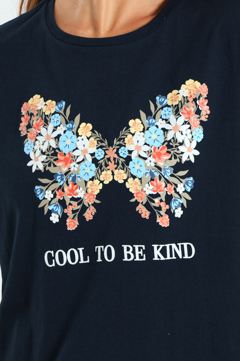 Butterfly Floral Tee - Navy