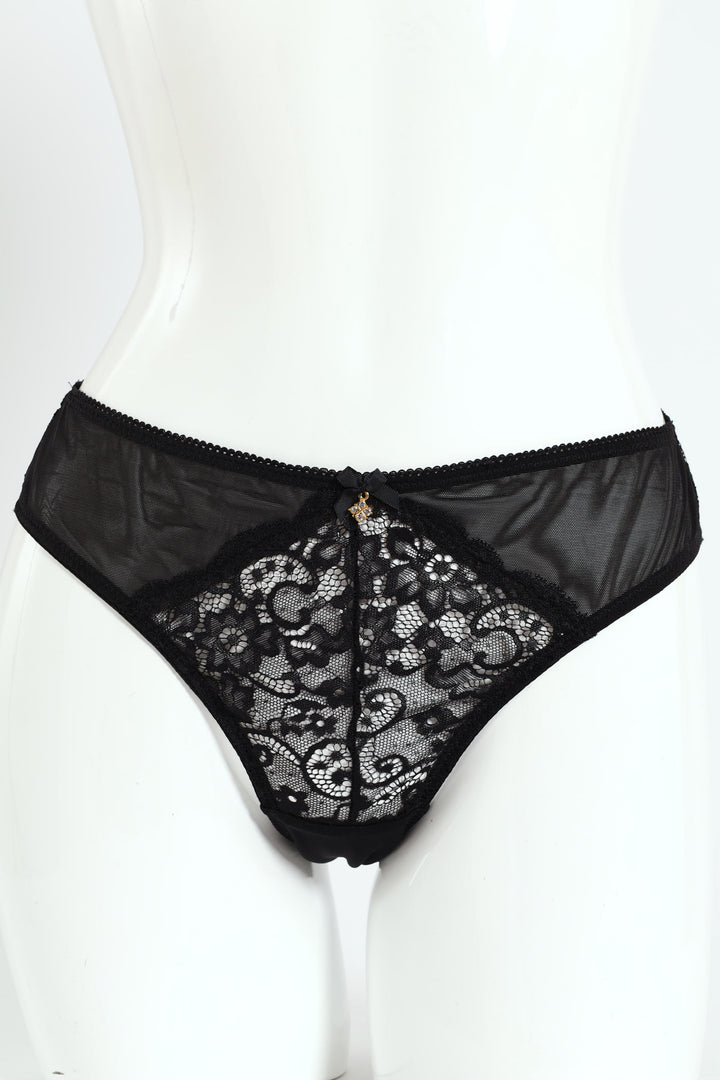 Mesh & Lace Brazilian Panty - Black