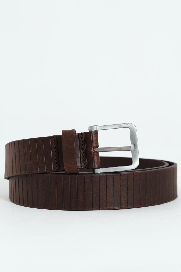 Texture Line Leather Belt - Brown