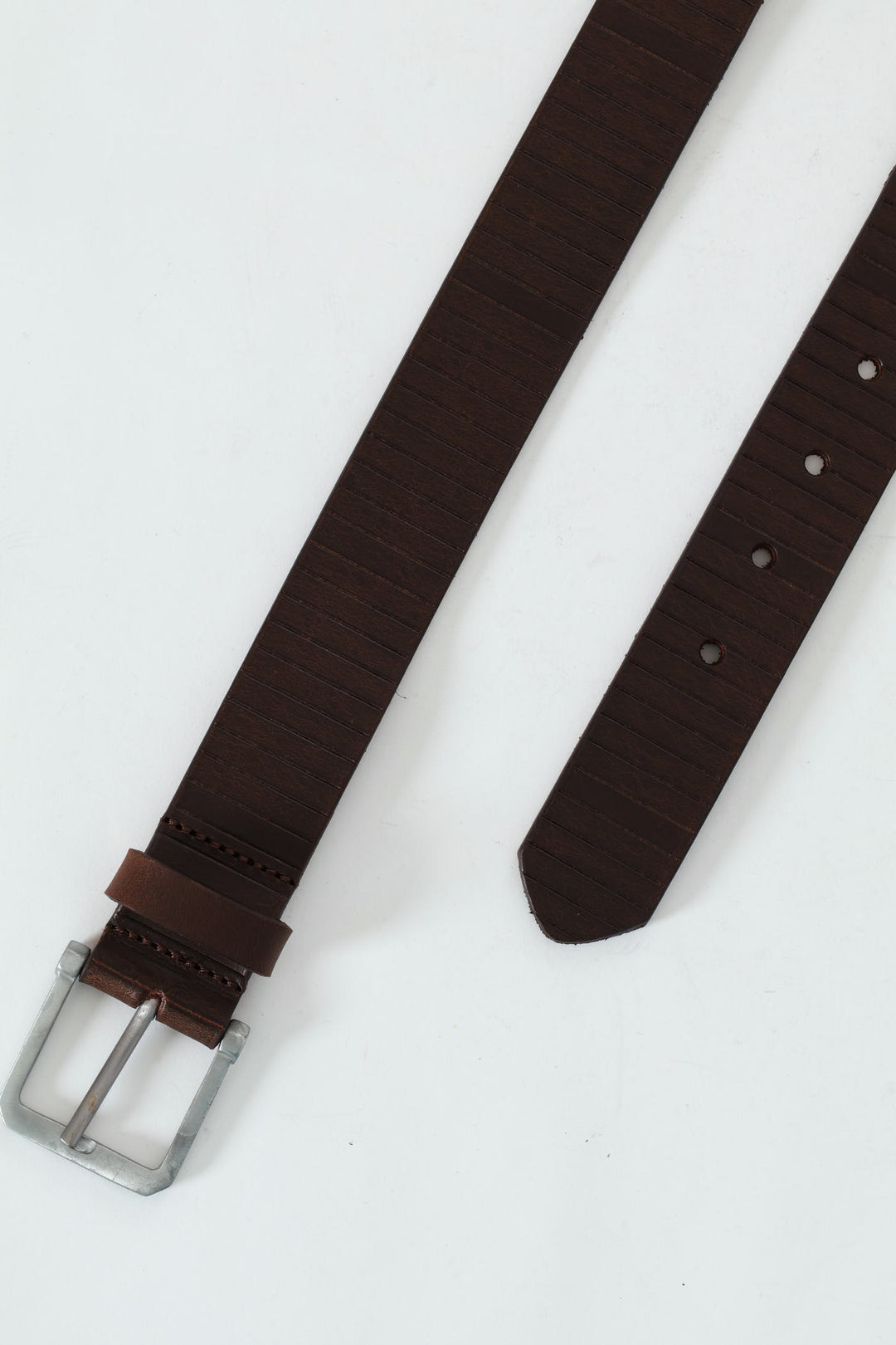 Texture Line Leather Belt - Brown