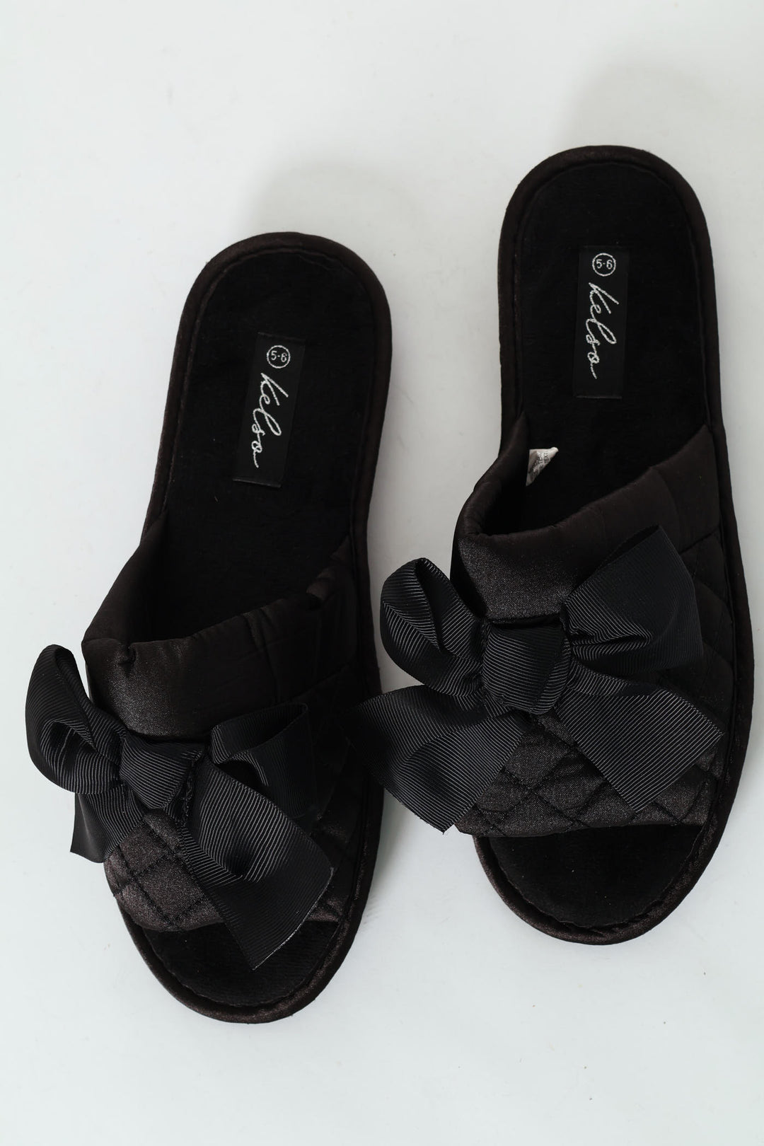 Quilted Open Toe Slipper With Petersham Bow - Black