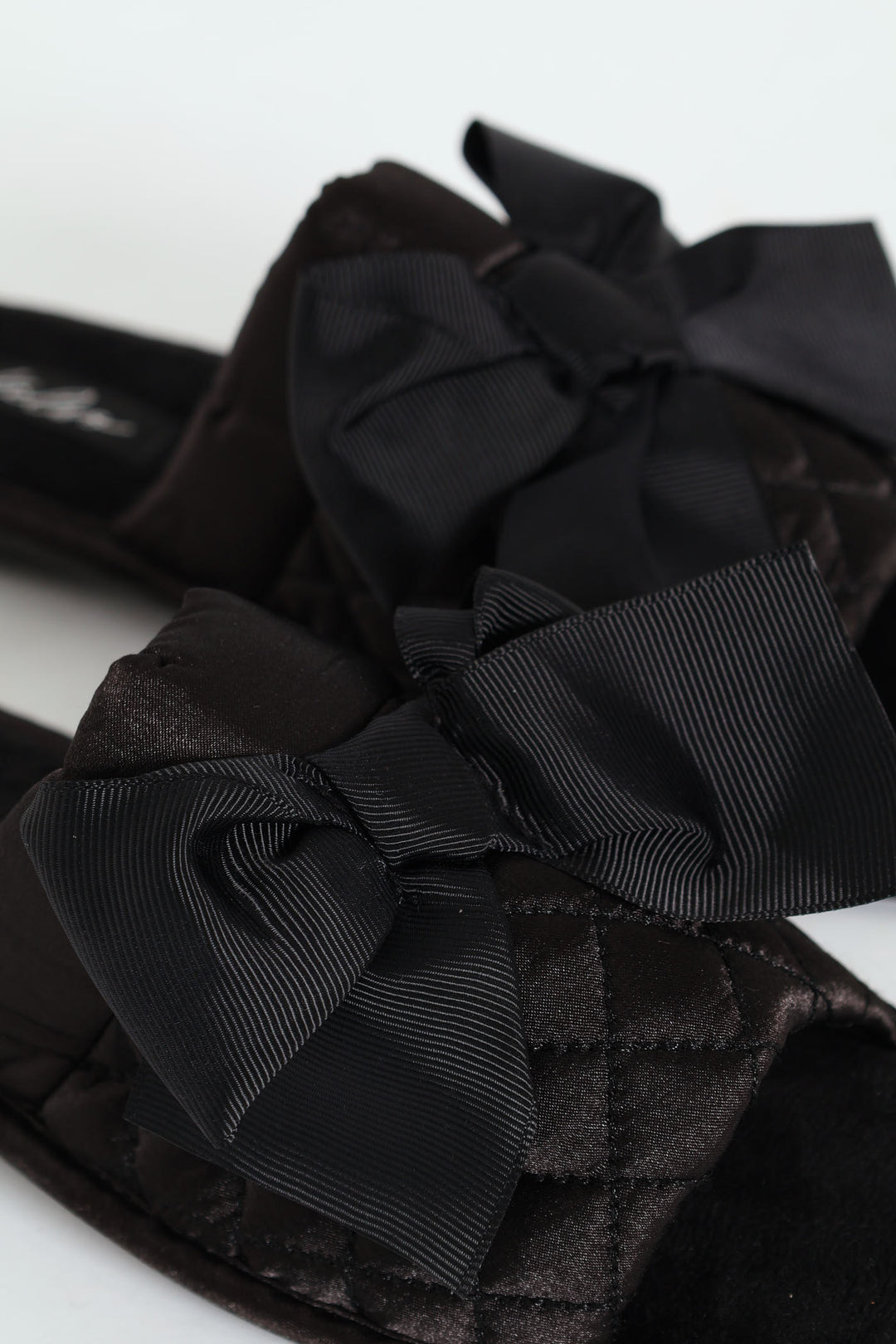 Quilted Open Toe Slipper With Petersham Bow - Black