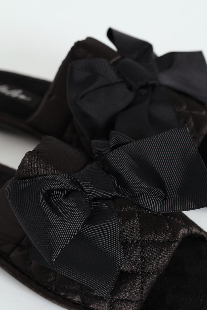Quilted Open Toe Slipper With Petersham Bow - Black
